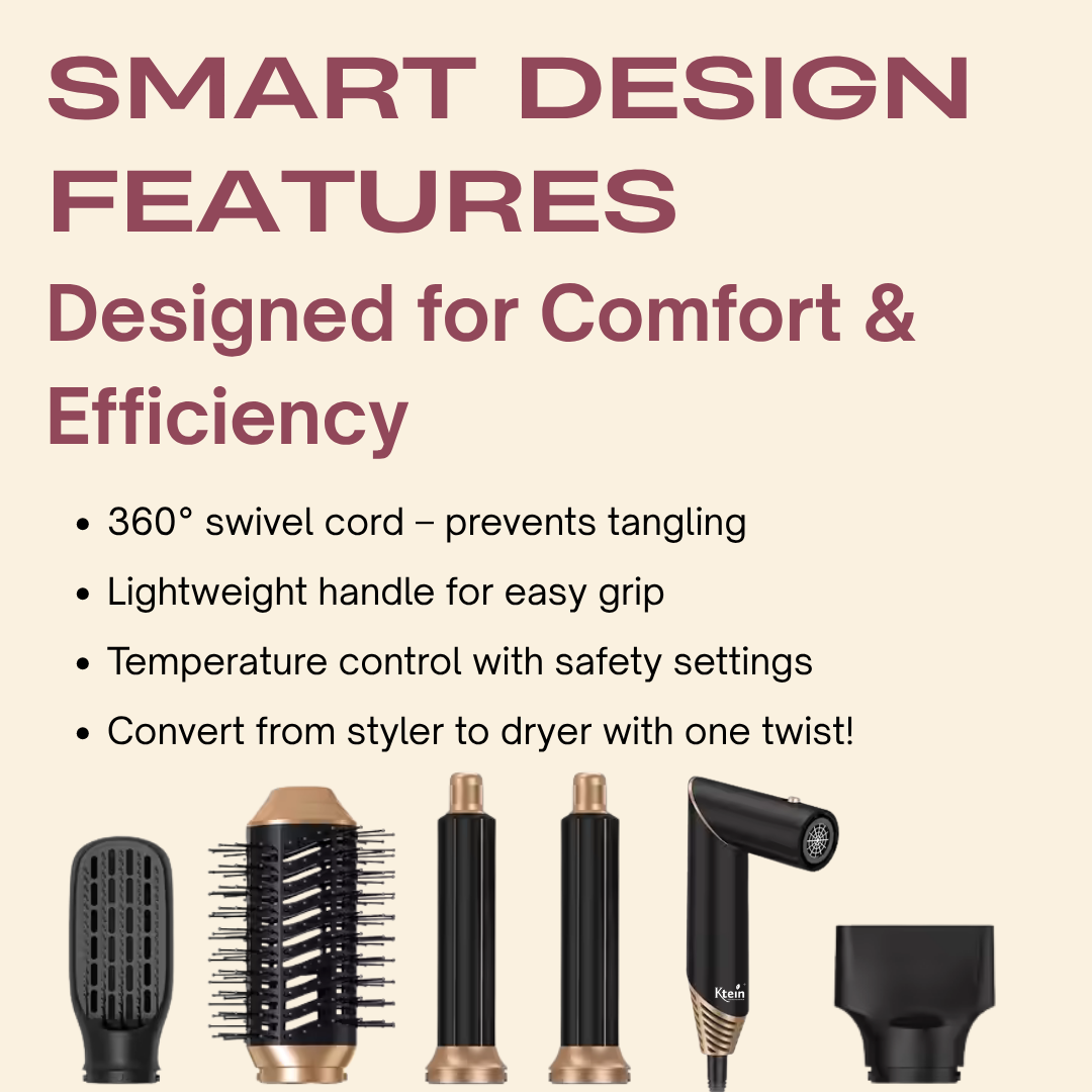 Ktein 6-in-1 Hot Air Hair Styler for Women | 1000W Hair Dryer, Curler, Straightener, Volumizer & Diffuser | Auto-Airflow Curling Barrel | Styling Tool for All Hair Types - Ktein Cosmetics By Ktein Biotech Private Limited