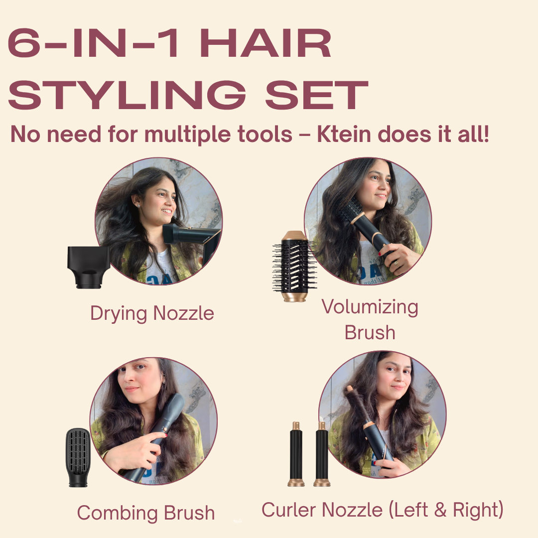 Ktein 6-in-1 Hot Air Hair Styler for Women | 1000W Hair Dryer, Curler, Straightener, Volumizer & Diffuser | Auto-Airflow Curling Barrel | Styling Tool for All Hair Types - Ktein Cosmetics By Ktein Biotech Private Limited