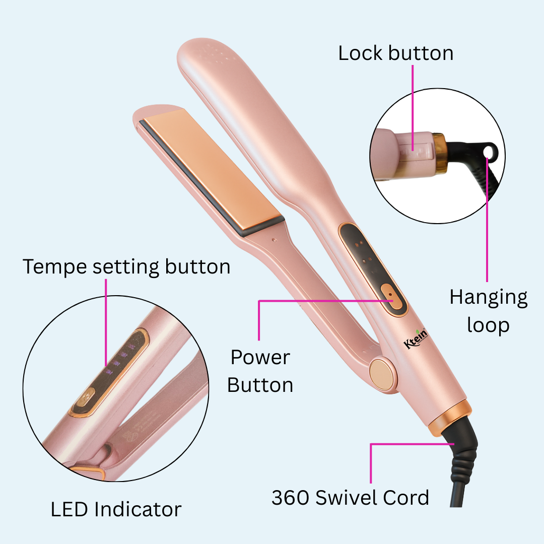 Ktein Hair Straightener – Wide Plate Flat Iron for Damp and Dry Hair with 4 Temperature Settings, Dual Voltage, Travel Lock, and Quick Heat-Up - Ktein Cosmetics By Ktein Biotech Private Limited