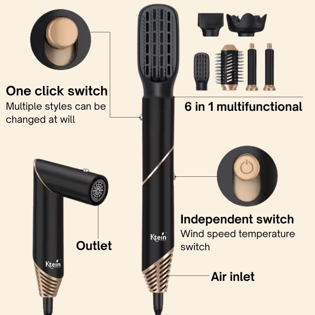 Ktein 6-in-1 Hot Air Hair Styler for Women | 1000W Hair Dryer, Curler, Straightener, Volumizer & Diffuser | Auto-Airflow Curling Barrel | Styling Tool for All Hair Types - Ktein Cosmetics By Ktein Biotech Private Limited