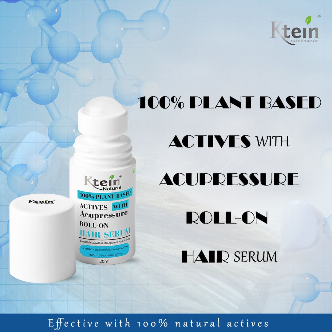 Ktein 100% Plant-Based Active Intensive Hair Treatment Serum with Acupressure Roll-On Therapy -  20 ml - with Rosemary 85%, Anagaintm 4%, Redensyltm 3%, FLUIDIPUREtm 5%, BURGEON-UPtm 1% - Combat Hair Fall for Men & Women - Ktein Cosmetics By Ktein Biotech Private Limited