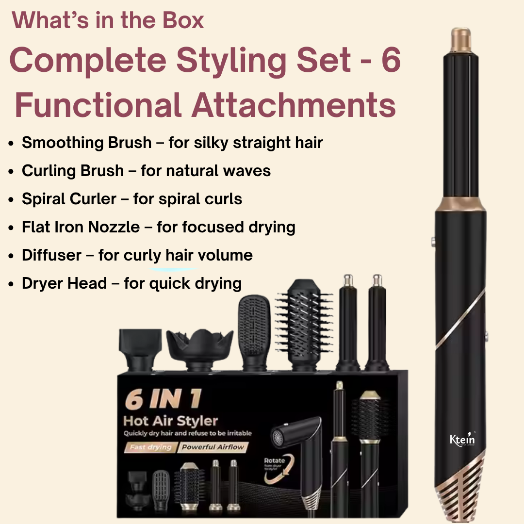 Ktein 6-in-1 Hot Air Hair Styler for Women | 1000W Hair Dryer, Curler, Straightener, Volumizer & Diffuser | Auto-Airflow Curling Barrel | Styling Tool for All Hair Types - Ktein Cosmetics By Ktein Biotech Private Limited