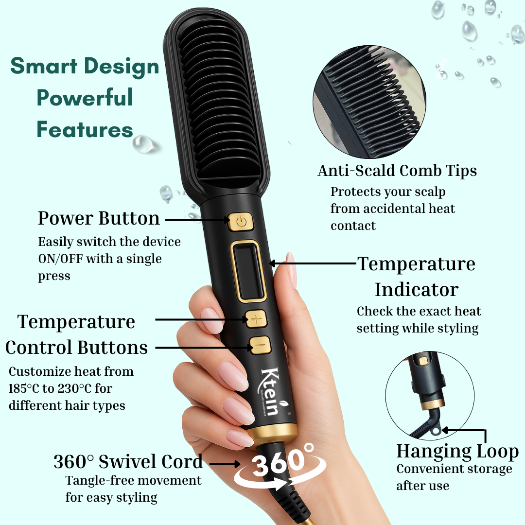 Ktein Hair Straightener Comb Brush for Women | Dual Ceramic Plates + Anti-Scald Design | PTC Fast Heating | Adjustable Temperature 180°F to 450°F | Professional Hair Styling Tool