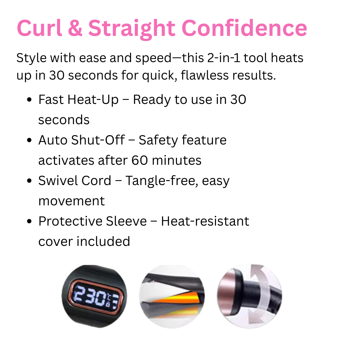 Ktein 2-in-1 Hair Styler – Curl, Wave & Straighten with Twisted Ceramic Plates | Innovative Twist-to-Set Temperature Control | Digital Heat Display up to 230°C | Tourmaline Anti-Frizz Technology