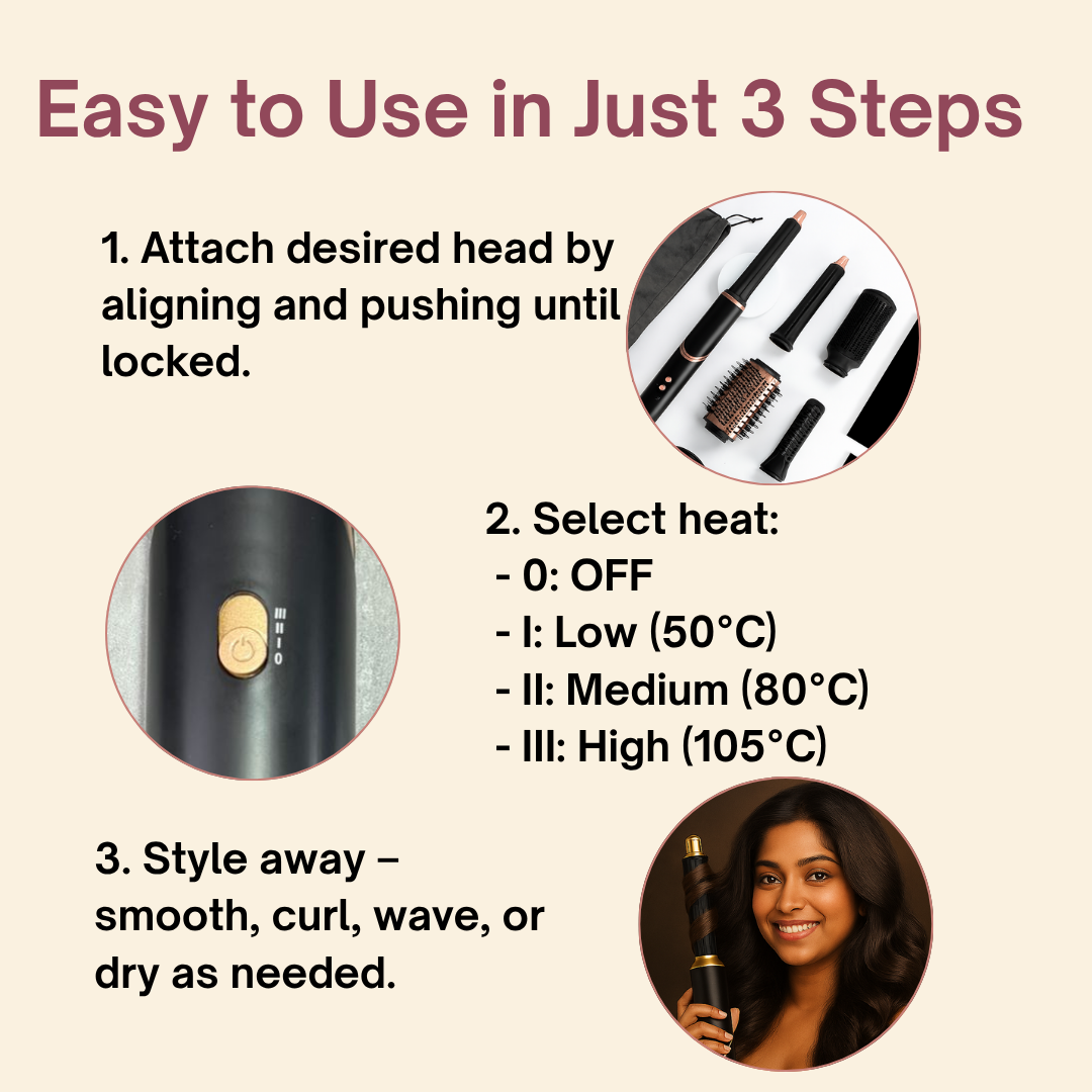 Ktein 6-in-1 Hot Air Hair Styler for Women | 1000W Hair Dryer, Curler, Straightener, Volumizer & Diffuser | Auto-Airflow Curling Barrel | Styling Tool for All Hair Types - Ktein Cosmetics By Ktein Biotech Private Limited