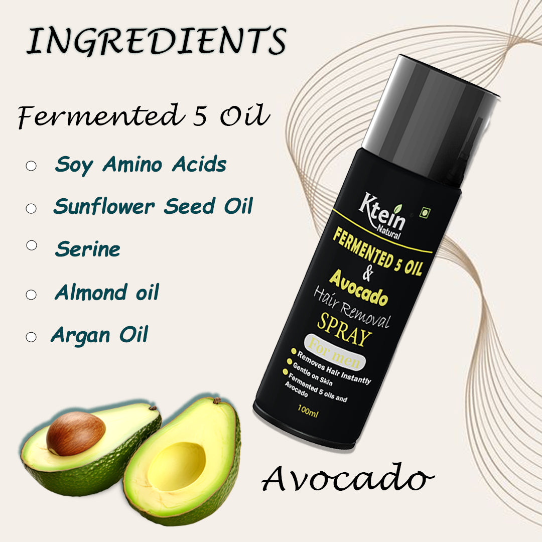Ktein Fermented 5 Oil and Avocado Men's Hair Removal Spray - Painless Hair Removal for Chest, Back, Legs & Underarms (100ml)