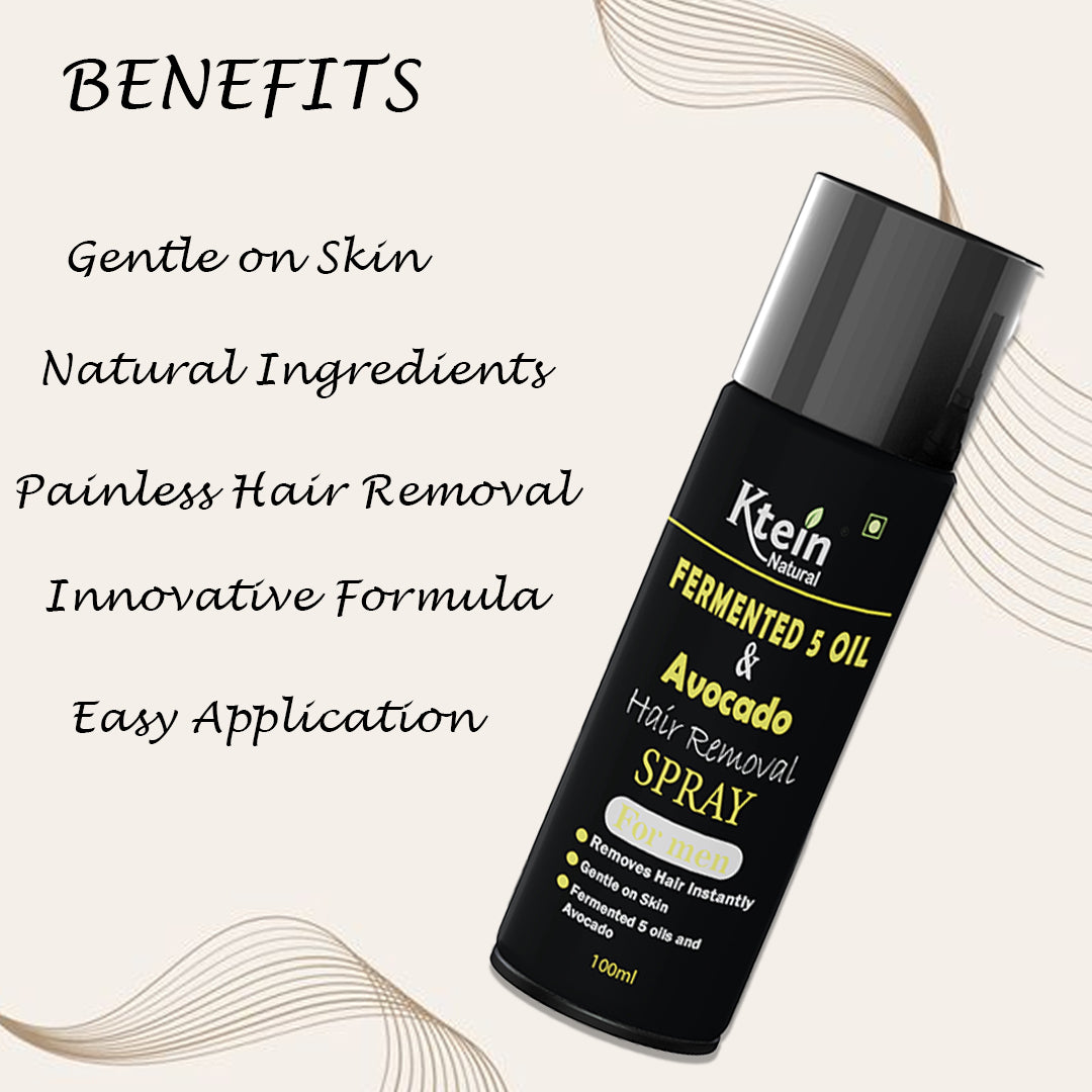Ktein Fermented 5 Oil and Avocado Men's Hair Removal Spray - Painless Hair Removal for Chest, Back, Legs & Underarms (100ml)