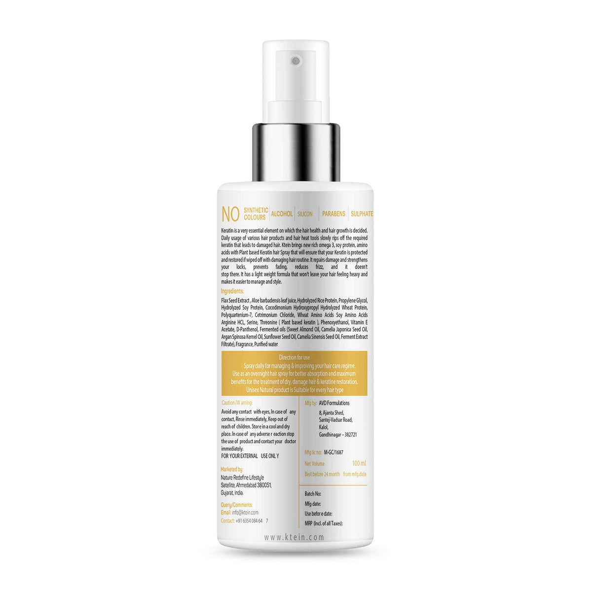Ktein Natural Keratin Hair Spray 100ml - Ktein Cosmetics By Ktein Biotech Private Limited